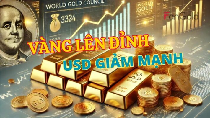 Vàng thế giới lên đỉnh hơn 2 tuần khi đồng USD suy yếu
