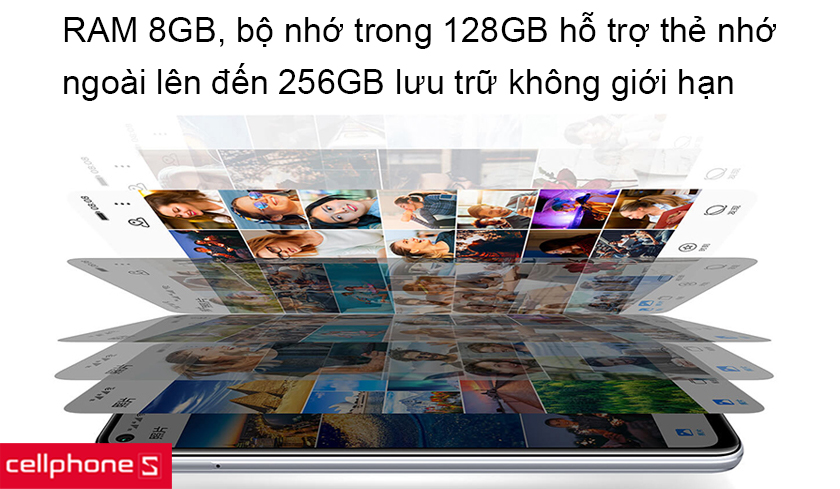 RAM dung lượng lớn 8GB, bộ nhớ trong 128GB hỗ trợ thẻ nhớ ngoài đến 256GB