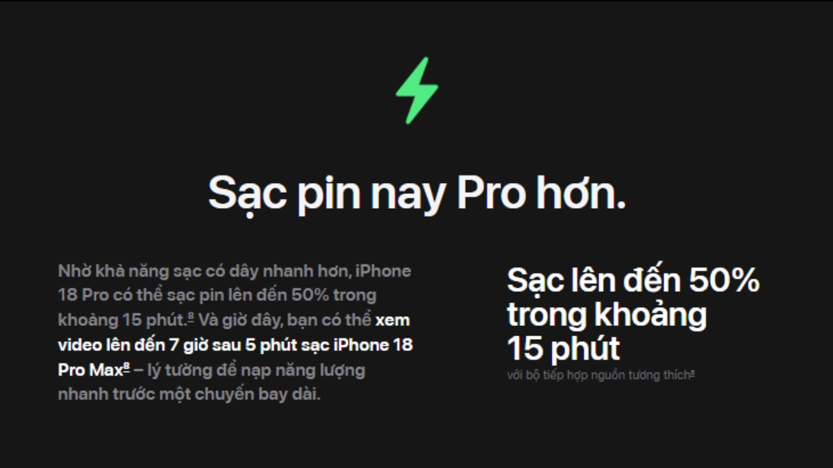 iPhone 18 Pro có thời lượng pin 34 giờ và sạc nhanh