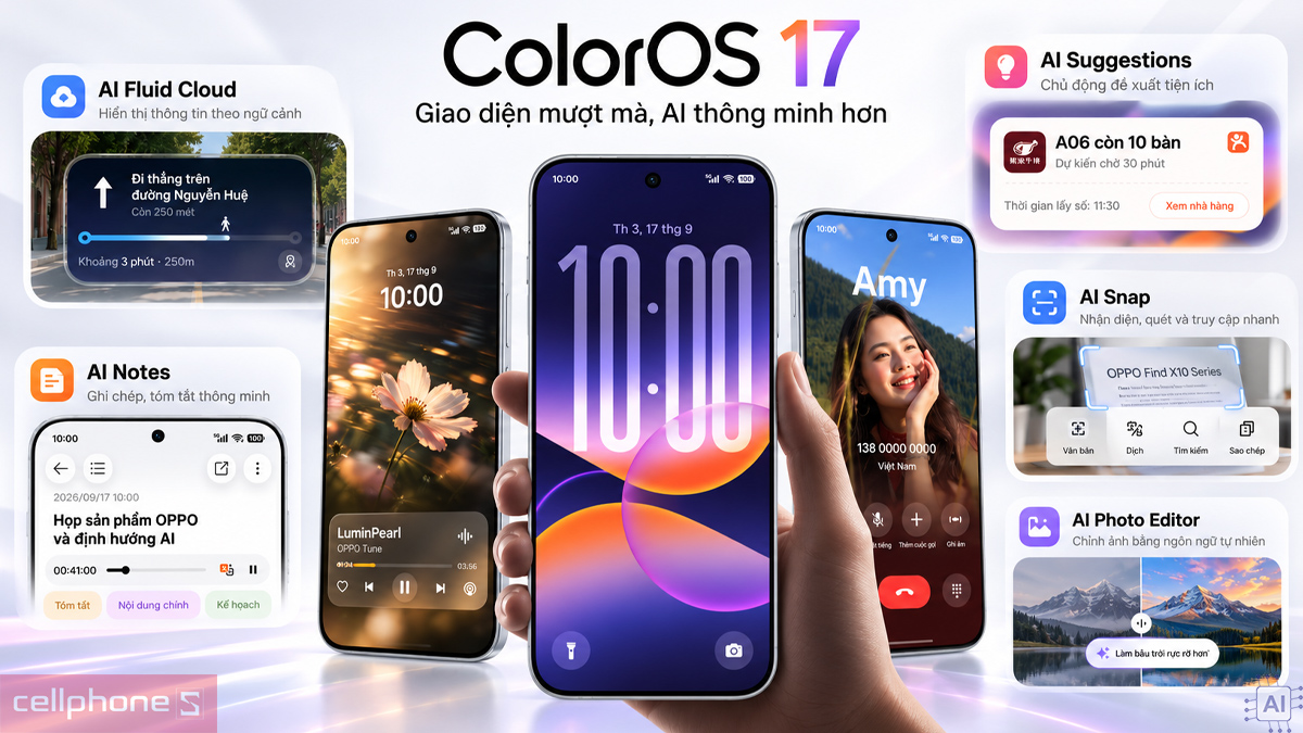 Giao diện ColorOS 17 với các tính năng AI Notes, AI Snap trên OPPO Find X10 Pro Max