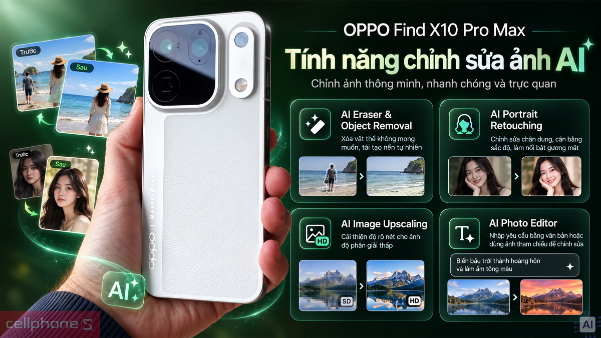 Công cụ AI Eraser xóa vật thể thừa trong ảnh trên OPPO Find X10 Pro Max