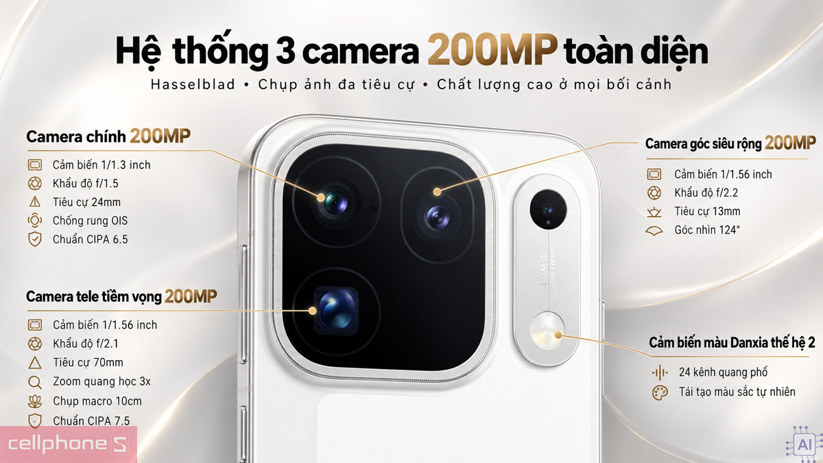 Ba camera sau 200MP gồm camera chính, góc siêu rộng 124° và tele 3x của OPPO Find X10 Pro Max
