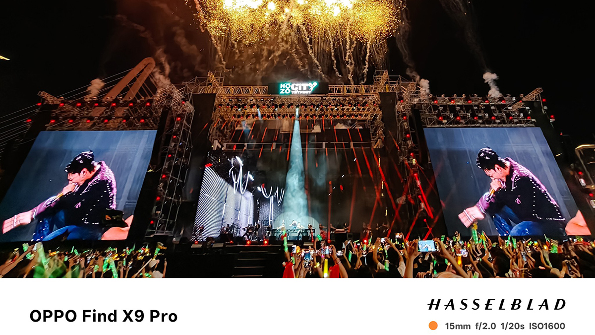 Ảnh chụp pháo hoa concert đêm thực tế bằng camera Hasselblad OPPO Find X9 Pro 15mm ISO1600 sáng rõ không nhiễu