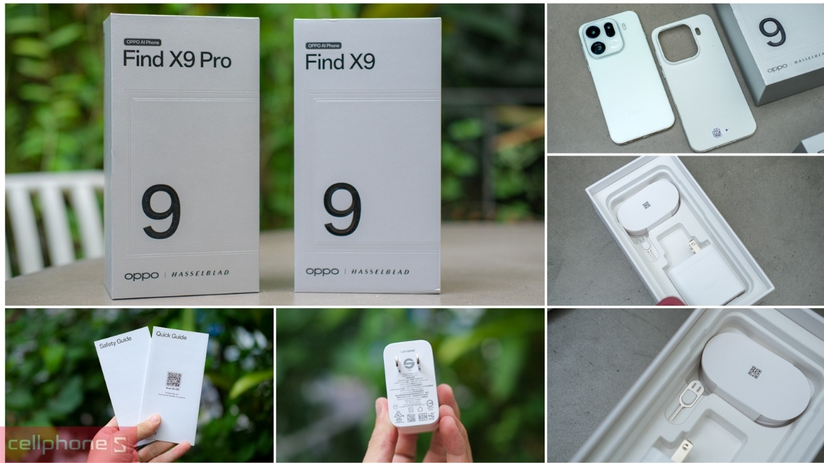 Mở hộp OPPO Find X9 Pro chính hãng màu trắng cùng ốp lưng, củ sạc, cáp và sách hướng dẫn đi kèm