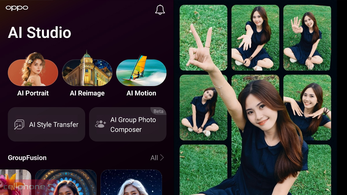 Giao diện các tính năng chỉnh ảnh thông minh trong ứng dụng AI Studio trên OPPO Reno16F