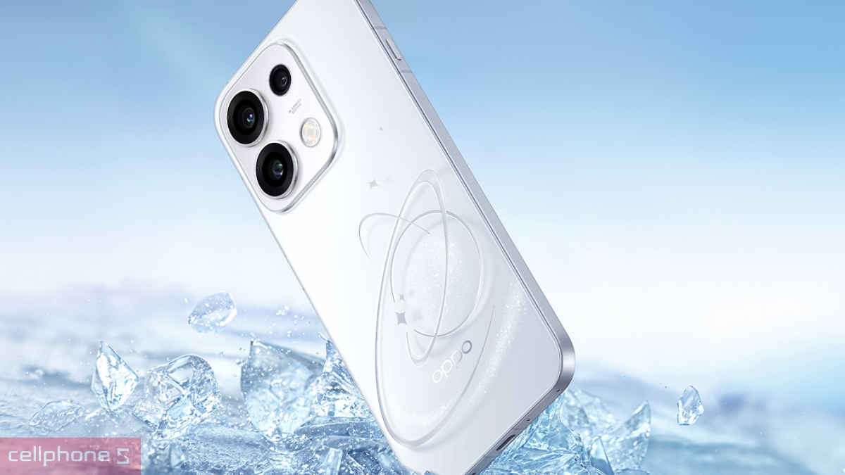 Điện thoại OPPO Reno16F màu trắng tím với thiết kế cụm camera sau và mặt lưng ấn tượng